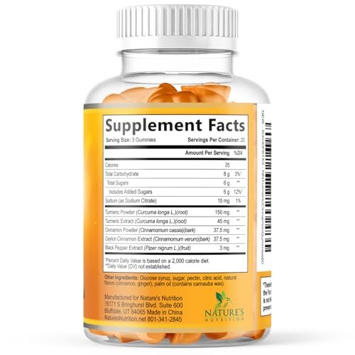 Turmeric Curcumin Gummis mit 95% Curcuminoiden, Ingwer, Schwarzem Pfeffer für beste Absorption, vegane Gelenkunterstützung, Nicht-GMO, Glutenfrei, leckerer Zimtgeschmack – 60 Gummis