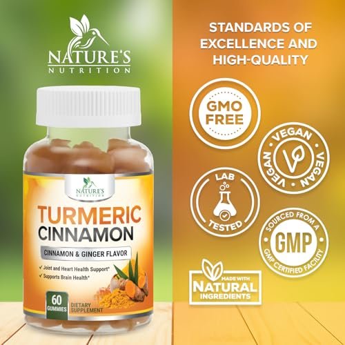 Turmeric Curcumin Gummis mit 95% Curcuminoiden, Ingwer, Schwarzem Pfeffer für beste Absorption, vegane Gelenkunterstützung, Nicht-GMO, Glutenfrei, leckerer Zimtgeschmack – 60 Gummis
