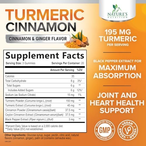 Turmeric Curcumin Gummis mit 95% Curcuminoiden, Ingwer, Schwarzem Pfeffer für beste Absorption, vegane Gelenkunterstützung, Nicht-GMO, Glutenfrei, leckerer Zimtgeschmack – 60 Gummis