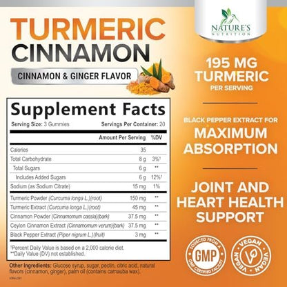 Turmeric Curcumin Gummis mit 95% Curcuminoiden, Ingwer, Schwarzem Pfeffer für beste Absorption, vegane Gelenkunterstützung, Nicht-GMO, Glutenfrei, leckerer Zimtgeschmack – 60 Gummis