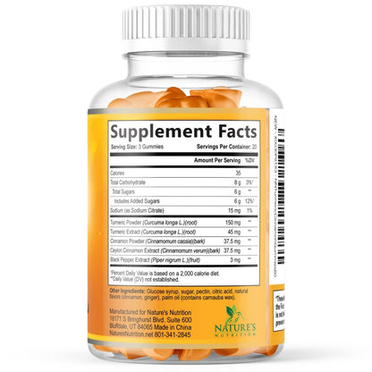 Turmeric Curcumin Gummis mit 95% Curcuminoiden, Ingwer, Schwarzem Pfeffer für beste Absorption, vegane Gelenkunterstützung, Nicht-GMO, Glutenfrei, leckerer Zimtgeschmack – 60 Gummis