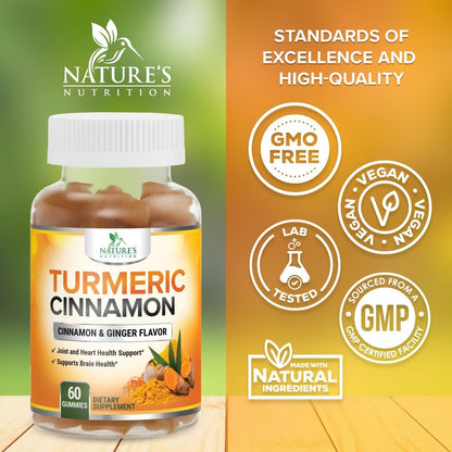 Turmeric Curcumin Gummis mit 95% Curcuminoiden, Ingwer, Schwarzem Pfeffer für beste Absorption, vegane Gelenkunterstützung, Nicht-GMO, Glutenfrei, leckerer Zimtgeschmack – 60 Gummis