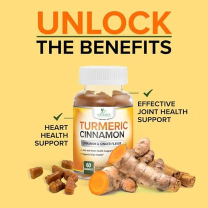 Turmeric Curcumin Gummis mit 95% Curcuminoiden, Ingwer, Schwarzem Pfeffer für beste Absorption, vegane Gelenkunterstützung, Nicht-GMO, Glutenfrei, leckerer Zimtgeschmack – 60 Gummis