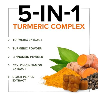 Turmeric Curcumin Gummis mit 95% Curcuminoiden, Ingwer, Schwarzem Pfeffer für beste Absorption, vegane Gelenkunterstützung, Nicht-GMO, Glutenfrei, leckerer Zimtgeschmack – 60 Gummis
