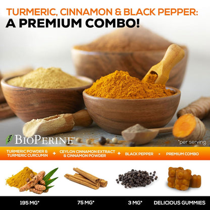 Turmeric Curcumin Gummis mit 95% Curcuminoiden, Ingwer, Schwarzem Pfeffer für beste Absorption, vegane Gelenkunterstützung, Nicht-GMO, Glutenfrei, leckerer Zimtgeschmack – 60 Gummis