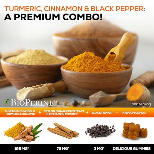 Turmeric Curcumin Gummis mit 95% Curcuminoiden, Ingwer, Schwarzem Pfeffer für beste Absorption, vegane Gelenkunterstützung, Nicht-GMO, Glutenfrei, leckerer Zimtgeschmack – 60 Gummis