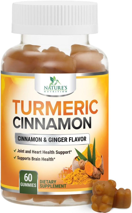 Turmeric Curcumin Gummis mit 95% Curcuminoiden, Ingwer, Schwarzem Pfeffer für beste Absorption, vegane Gelenkunterstützung, Nicht-GMO, Glutenfrei, leckerer Zimtgeschmack – 60 Gummis