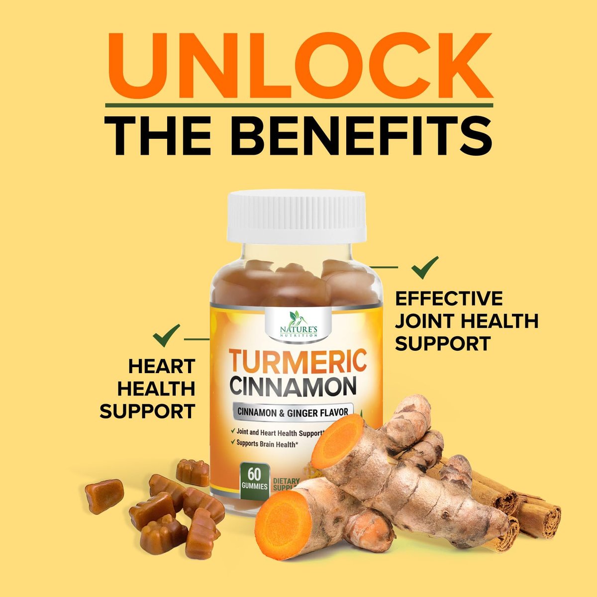 Turmeric Curcumin Gummis mit 95% Curcuminoiden, Ingwer, Schwarzem Pfeffer für beste Absorption, vegane Gelenkunterstützung, Nicht-GMO, Glutenfrei, leckerer Zimtgeschmack – 60 Gummis