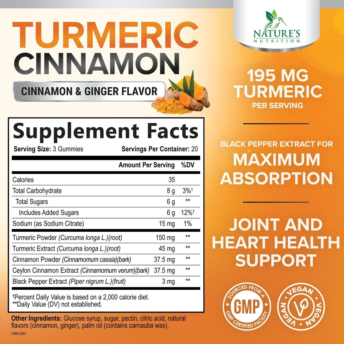 Turmeric Curcumin Gummis mit 95% Curcuminoiden, Ingwer, Schwarzem Pfeffer für beste Absorption, vegane Gelenkunterstützung, Nicht-GMO, Glutenfrei, leckerer Zimtgeschmack – 60 Gummis
