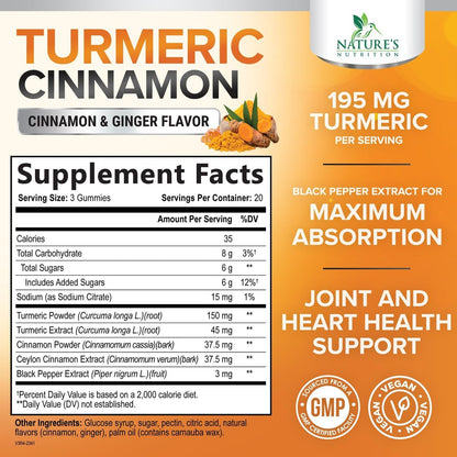 Turmeric Curcumin Gummis mit 95% Curcuminoiden, Ingwer, Schwarzem Pfeffer für beste Absorption, vegane Gelenkunterstützung, Nicht-GMO, Glutenfrei, leckerer Zimtgeschmack – 60 Gummis