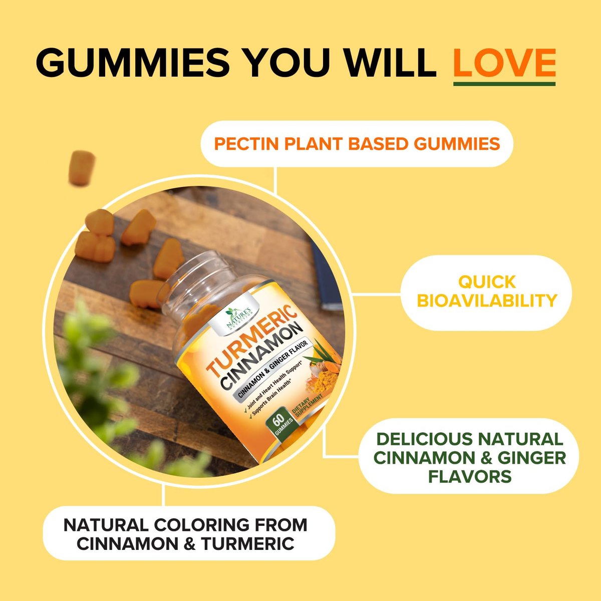 Turmeric Curcumin Gummis mit 95% Curcuminoiden, Ingwer, Schwarzem Pfeffer für beste Absorption, vegane Gelenkunterstützung, Nicht-GMO, Glutenfrei, leckerer Zimtgeschmack – 60 Gummis