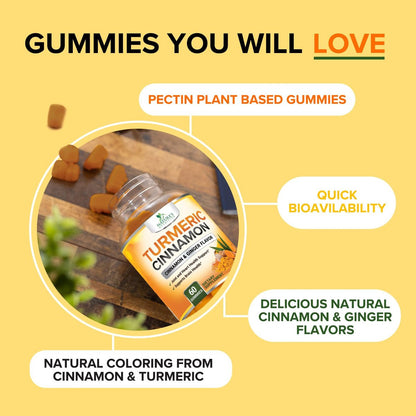 Turmeric Curcumin Gummis mit 95% Curcuminoiden, Ingwer, Schwarzem Pfeffer für beste Absorption, vegane Gelenkunterstützung, Nicht-GMO, Glutenfrei, leckerer Zimtgeschmack – 60 Gummis