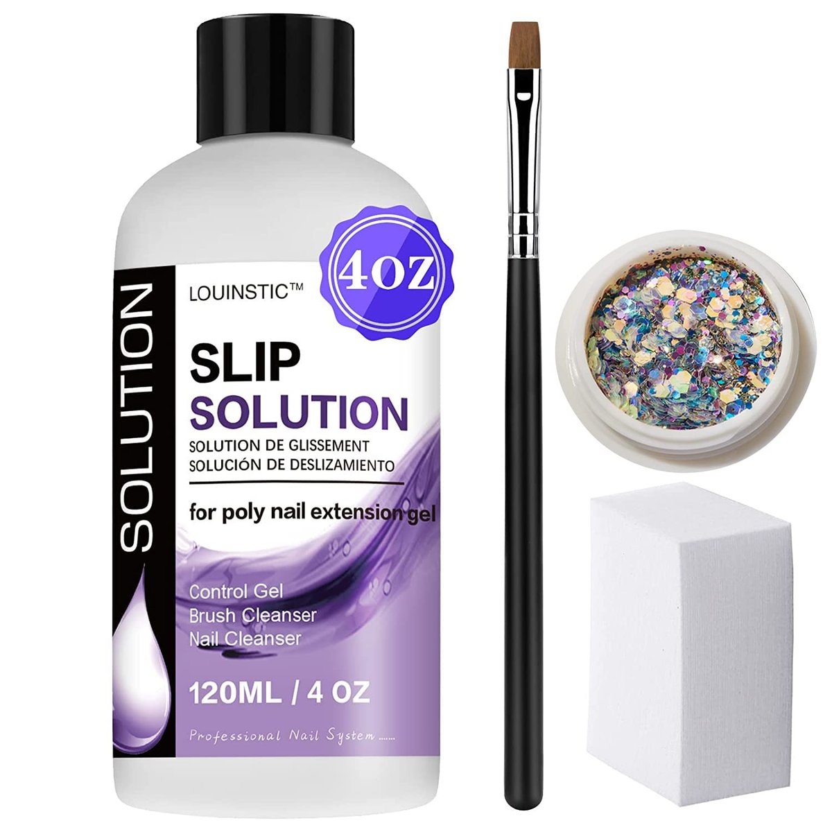 LOUINSTIC Slip Solution für Poly-Erweiterungsgel – 4 oz, professionelles Nagelverlängerungsgel Anti-Haft-Flüssigkeit, reinigbarer Nagelbürstenreiniger, einfach zu verwenden, anfängerfreundlich