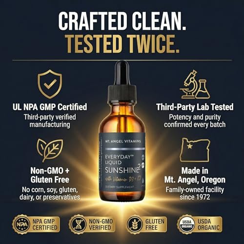 Mt. Angel Vitamins Flüssiges Vitamin D3 mit K2 Tropfen – 5000 IE D3 Trans MK7 K2 – Vegan, Non-GMO, Glutenfrei – Knochen-, Herz- und Immununterstützung – für Erwachsene, Kinder & Kleinkinder | 60 ml