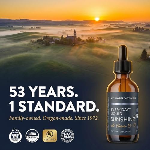 Mt. Angel Vitamins Flüssiges Vitamin D3 mit K2 Tropfen – 5000 IE D3 Trans MK7 K2 – Vegan, Non-GMO, Glutenfrei – Knochen-, Herz- und Immununterstützung – für Erwachsene, Kinder & Kleinkinder | 60 ml