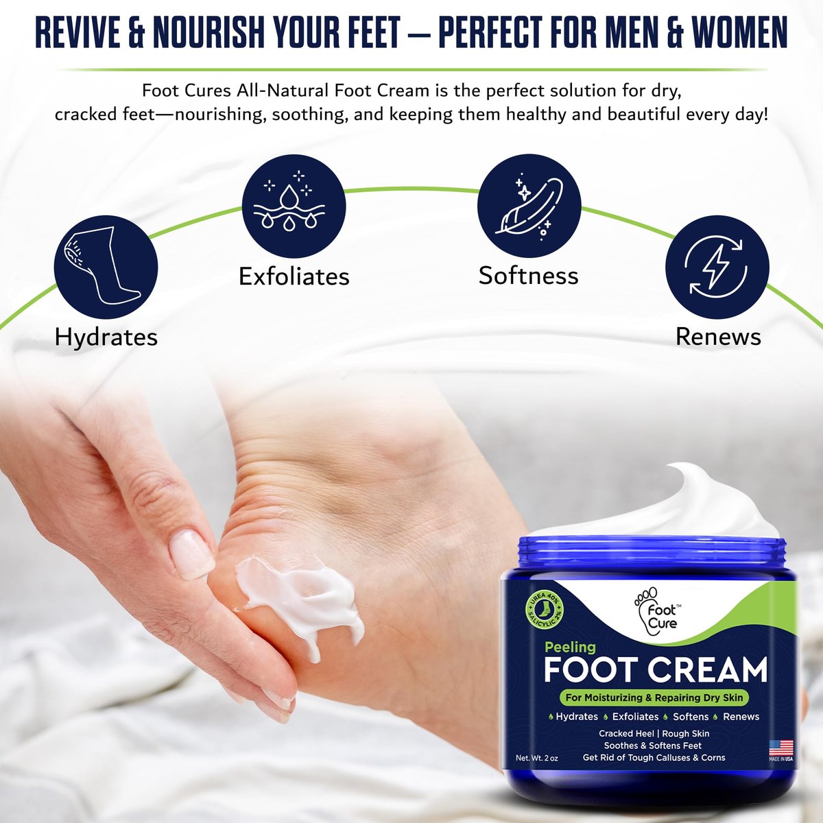 FOOT CURE Teebaumöl Fußcreme – Feuchtigkeitsspendende Pflege für trockene, rissige Füße, Fersen- und Hornhautentfernung, Behandlung von Nagelpilz und Juckreiz – 60 g (1er-Pack)
