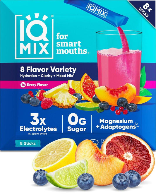 IQMIX Hydration Elektrolytpulver – 4-in-1 Formel für Hydration, geistige Klarheit, Stimmung & Erholung – Zuckerfreies Keto-Getränkepulver mit Magnesium-L-Threonat & Löwenmähne – 8er-Probierpackung (alle Sorten)