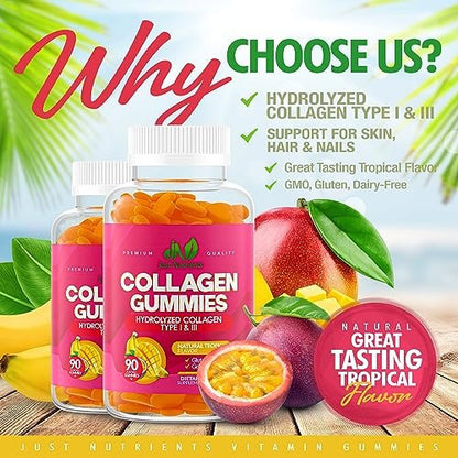 Kollagen Gummibärchen für Frauen & Männer (90 Stück) – Premium hydrolysiertes Kollagen Typ I & III für Haar, Haut & Nägel – Tropischer Geschmack, glutenfrei, ohne Gentechnik – 90 Gummibärchen (45 Portionen)