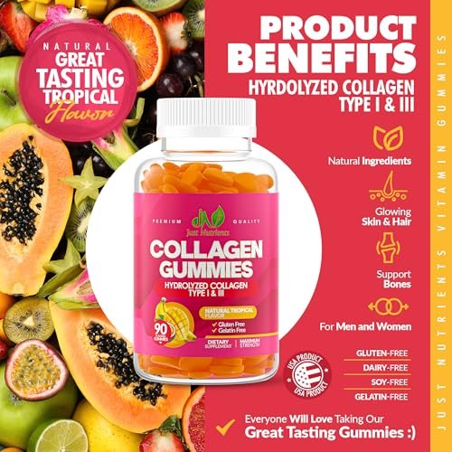Kollagen Gummibärchen für Frauen & Männer (90 Stück) – Premium hydrolysiertes Kollagen Typ I & III für Haar, Haut & Nägel – Tropischer Geschmack, glutenfrei, ohne Gentechnik – 90 Gummibärchen (45 Portionen)