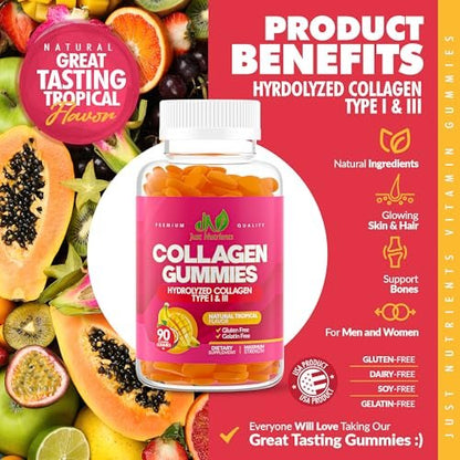 Kollagen Gummibärchen für Frauen & Männer (90 Stück) – Premium hydrolysiertes Kollagen Typ I & III für Haar, Haut & Nägel – Tropischer Geschmack, glutenfrei, ohne Gentechnik – 90 Gummibärchen (45 Portionen)