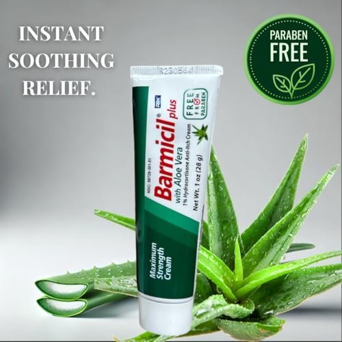 Barmicil Plus Maximum Stärke 1% Hydrocortison Creme – Intensive Anti-Juckreiz & Linderung bei Ekzemen, Psoriasis, Hautausschlag, Insektenstichen, Giftefeu – Parabenfreie Formel mit beruhigender Aloe Vera – 28 g Tube