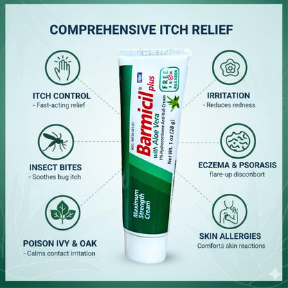 Barmicil Plus Maximum Stärke 1% Hydrocortison Creme – Intensive Anti-Juckreiz & Linderung bei Ekzemen, Psoriasis, Hautausschlag, Insektenstichen, Giftefeu – Parabenfreie Formel mit beruhigender Aloe Vera – 28 g Tube