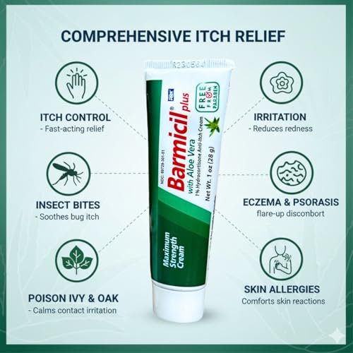 Barmicil Plus Maximum Stärke 1% Hydrocortison Creme – Intensive Anti-Juckreiz & Linderung bei Ekzemen, Psoriasis, Hautausschlag, Insektenstichen, Giftefeu – Parabenfreie Formel mit beruhigender Aloe Vera – 28 g Tube