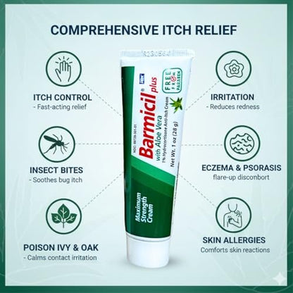 Barmicil Plus Maximum Stärke 1% Hydrocortison Creme – Intensive Anti-Juckreiz & Linderung bei Ekzemen, Psoriasis, Hautausschlag, Insektenstichen, Giftefeu – Parabenfreie Formel mit beruhigender Aloe Vera – 28 g Tube