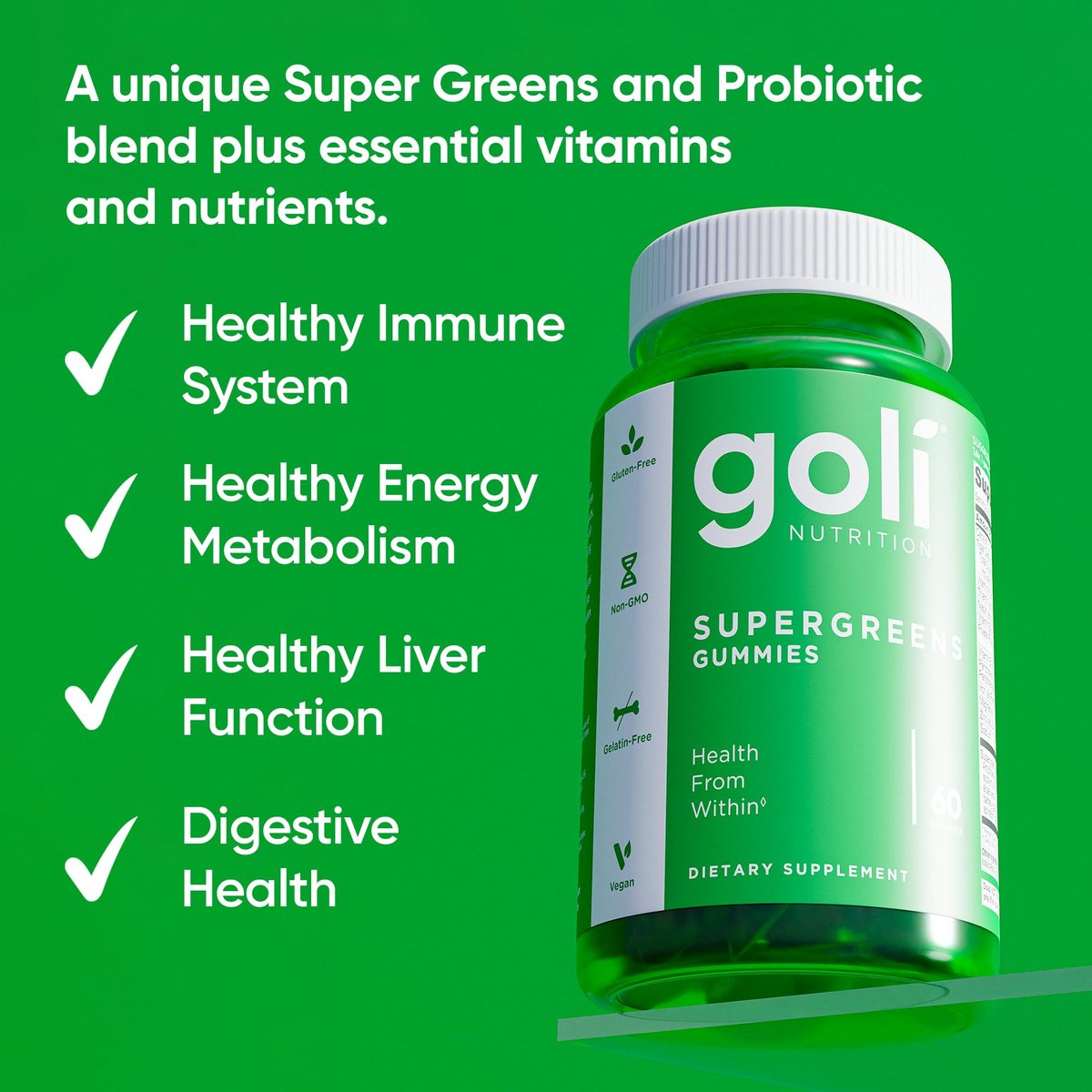 Goli Supergreens Gummies mit Probiotika – Artischockenextrakt, Spirulina, Grünkohl, Vitamine A, B6, B12 – Vegan, glutenfrei, ohne Gentechnik