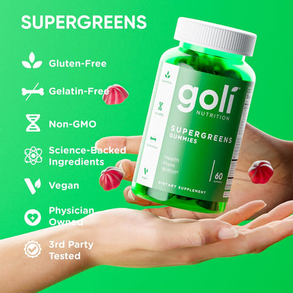 Goli Supergreens Gummies mit Probiotika – Artischockenextrakt, Spirulina, Grünkohl, Vitamine A, B6, B12 – Vegan, glutenfrei, ohne Gentechnik