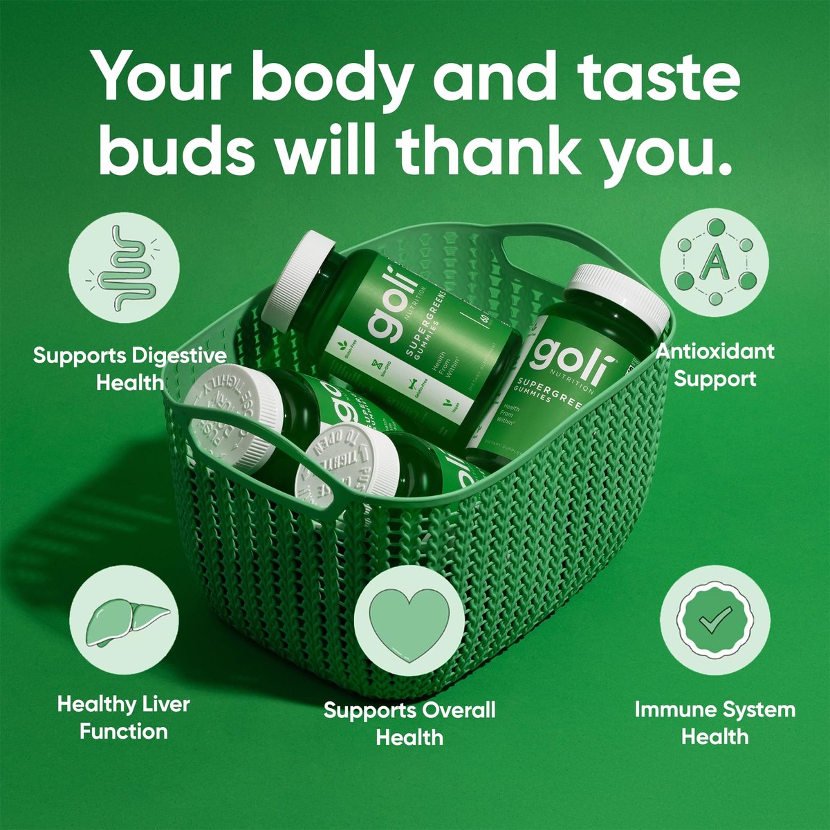 Goli Supergreens Gummies mit Probiotika – Artischockenextrakt, Spirulina, Grünkohl, Vitamine A, B6, B12 – Vegan, glutenfrei, ohne Gentechnik