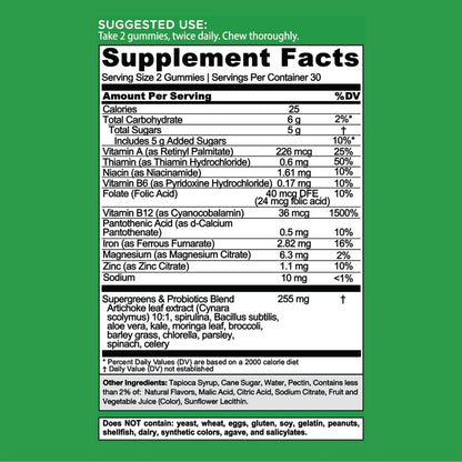 Goli Supergreens Gummies mit Probiotika – Artischockenextrakt, Spirulina, Grünkohl, Vitamine A, B6, B12 – Vegan, glutenfrei, ohne Gentechnik
