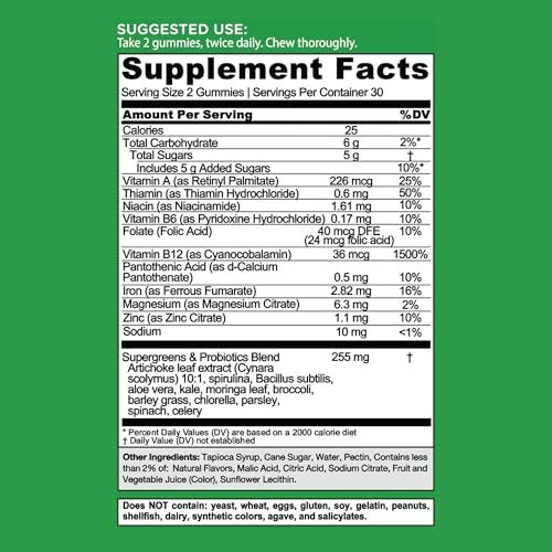 Goli Supergreens Gummies mit Probiotika – Artischockenextrakt, Spirulina, Grünkohl, Vitamine A, B6, B12 – Vegan, glutenfrei, ohne Gentechnik