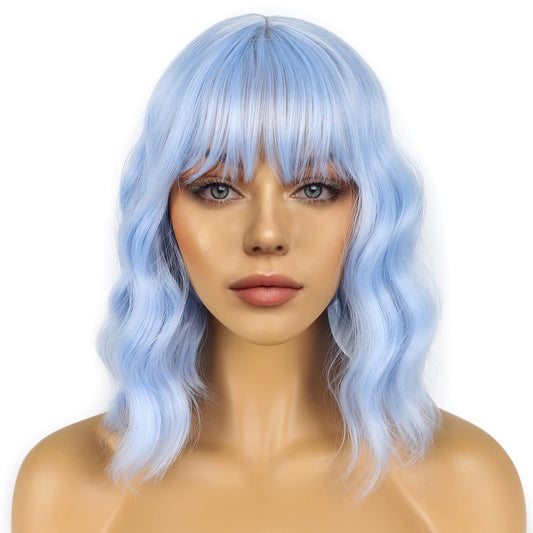 LANCAINI Kurzer Bob Wig mit Pony für Frauen - Lockig-wellige Schulterlange Bob Perücke aus hitzebeständiger Faser für Kostüme (Hellblau)