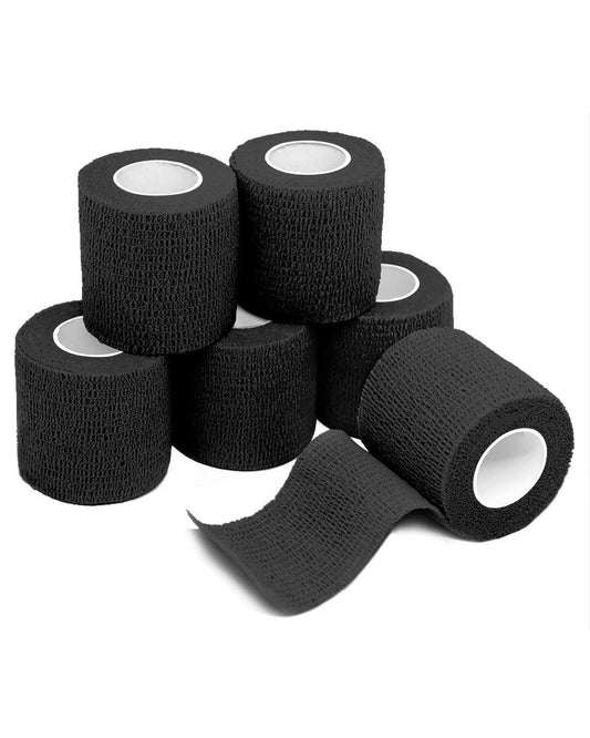 FriCARE Selbsthaftender Verbandwickel, medizinisches Tape für Erste-Hilfe-Set, Kohäsivbinden für Wunden, Sport, Tierarzt, 2 Zoll x 5 Yards, 6 Rollen, Schwarz