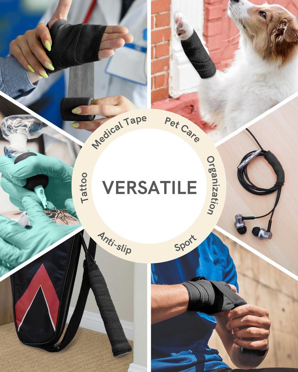 FriCARE Selbsthaftender Verbandwickel, medizinisches Tape für Erste-Hilfe-Set, Kohäsivbinden für Wunden, Sport, Tierarzt, 2 Zoll x 5 Yards, 6 Rollen, Schwarz