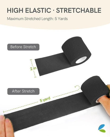 FriCARE Selbsthaftender Verbandwickel, medizinisches Tape für Erste-Hilfe-Set, Kohäsivbinden für Wunden, Sport, Tierarzt, 2 Zoll x 5 Yards, 6 Rollen, Schwarz
