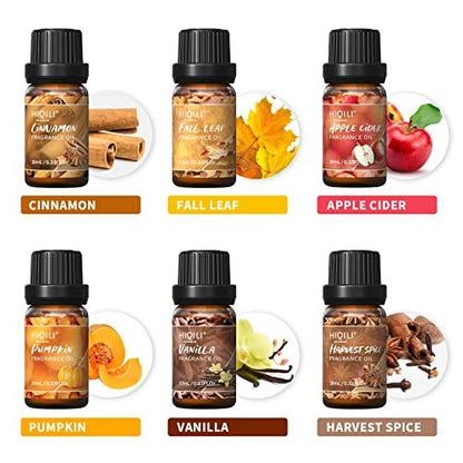 HIQILI Gewürz Duftöl Set 6x10ml – Herbstliche Aromen für Kerzen, Seife, Diffuser – Zimt, Kürbis, Vanille, Apfelwein, Harvest Spice