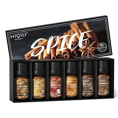 HIQILI Gewürz Duftöl Set 6x10ml – Herbstliche Aromen für Kerzen, Seife, Diffuser – Zimt, Kürbis, Vanille, Apfelwein, Harvest Spice