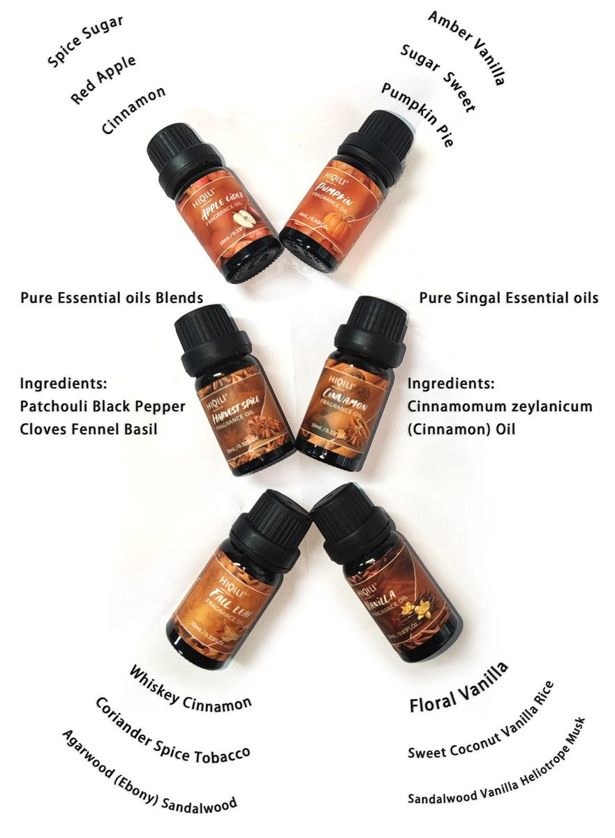 HIQILI Gewürz Duftöl Set 6x10ml – Herbstliche Aromen für Kerzen, Seife, Diffuser – Zimt, Kürbis, Vanille, Apfelwein, Harvest Spice