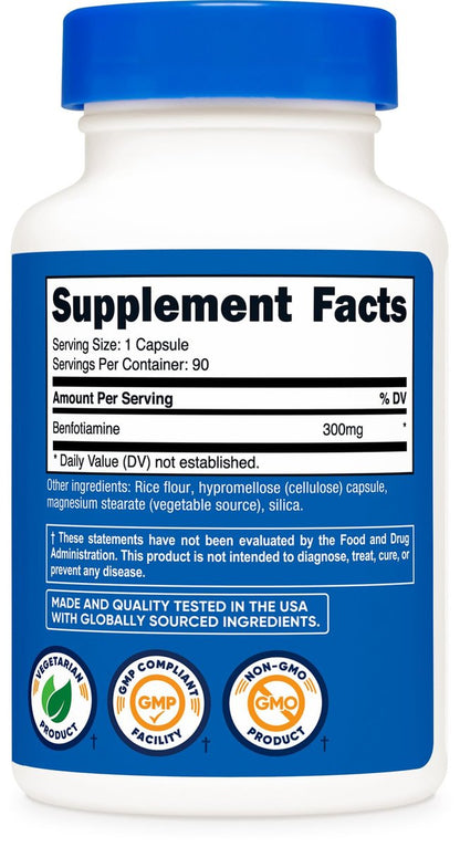 Nutricost Benfotiamin 300mg, 90 Kapseln – Glutenfrei, Nicht-GVO, Vegetariergeeignet, Fettlösliches Vitamin B1
