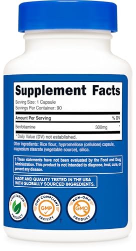Nutricost Benfotiamin 300mg, 90 Kapseln – Glutenfrei, Nicht-GVO, Vegetariergeeignet, Fettlösliches Vitamin B1