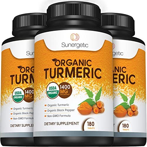 Sunergetic Bio-zertifiziertes Kurkuma-Präparat mit Bio-Schwarzem Pfeffer – 1.400 mg Kurkuma pro Portion – 180 Kapseln