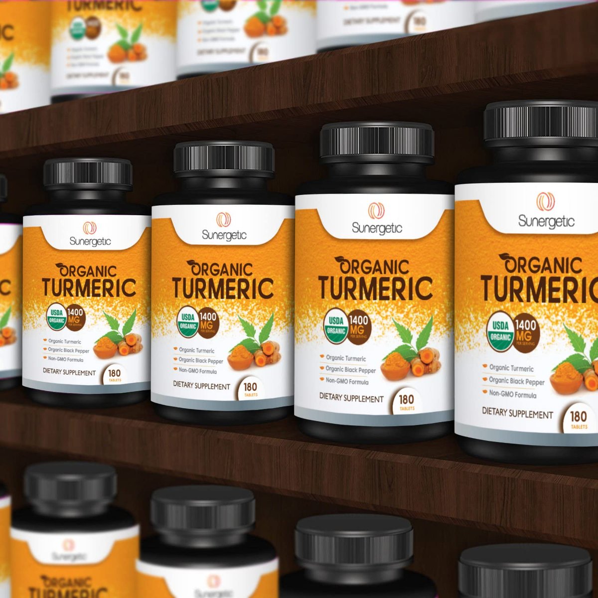 Sunergetic Bio-zertifiziertes Kurkuma-Präparat mit Bio-Schwarzem Pfeffer – 1.400 mg Kurkuma pro Portion – 180 Kapseln
