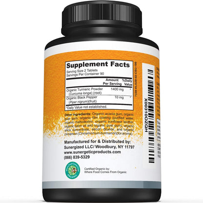 Sunergetic Bio-zertifiziertes Kurkuma-Präparat mit Bio-Schwarzem Pfeffer – 1.400 mg Kurkuma pro Portion – 180 Kapseln