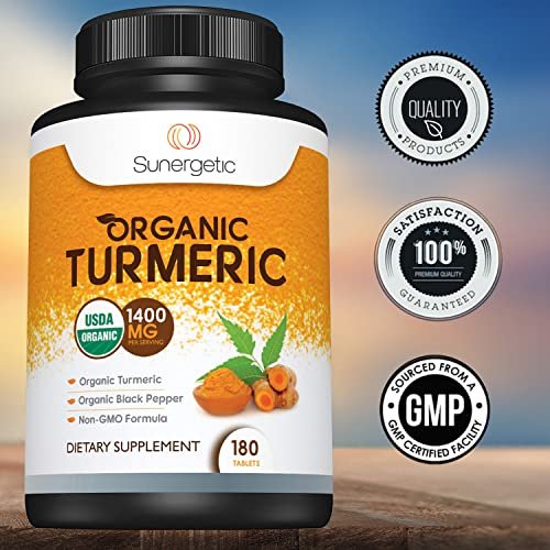 Sunergetic Bio-zertifiziertes Kurkuma-Präparat mit Bio-Schwarzem Pfeffer – 1.400 mg Kurkuma pro Portion – 180 Kapseln
