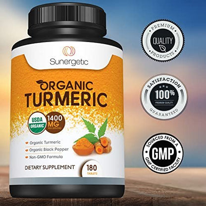 Sunergetic Bio-zertifiziertes Kurkuma-Präparat mit Bio-Schwarzem Pfeffer – 1.400 mg Kurkuma pro Portion – 180 Kapseln