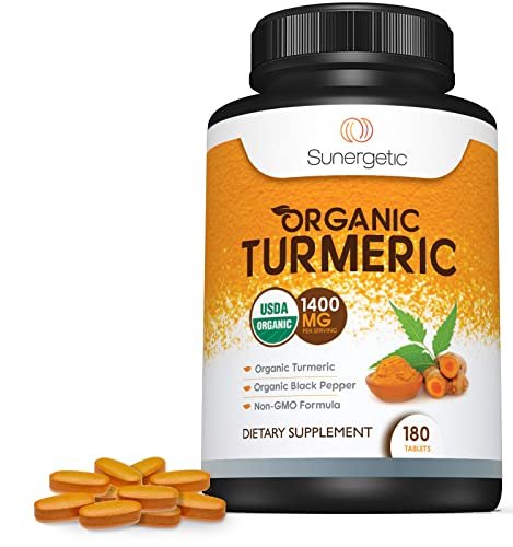 Sunergetic Bio-zertifiziertes Kurkuma-Präparat mit Bio-Schwarzem Pfeffer – 1.400 mg Kurkuma pro Portion – 180 Kapseln