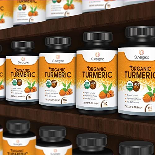 Sunergetic Bio-zertifiziertes Kurkuma-Präparat mit Bio-Schwarzem Pfeffer – 1.400 mg Kurkuma pro Portion – 180 Kapseln