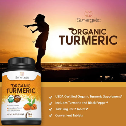 Sunergetic Bio-zertifiziertes Kurkuma-Präparat mit Bio-Schwarzem Pfeffer – 1.400 mg Kurkuma pro Portion – 180 Kapseln